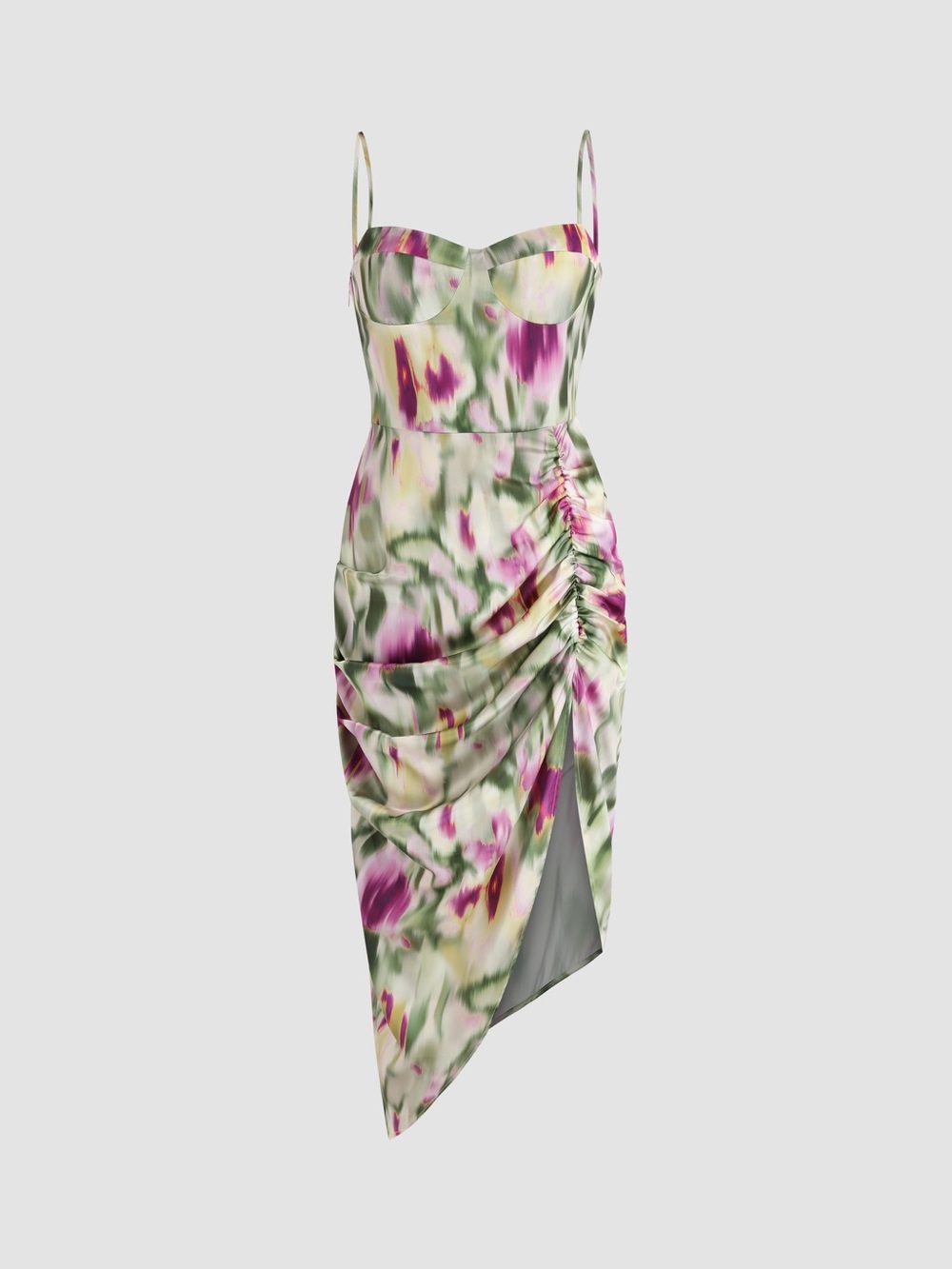 Cider Illusion Ruched Midi Dress - Pink & Green